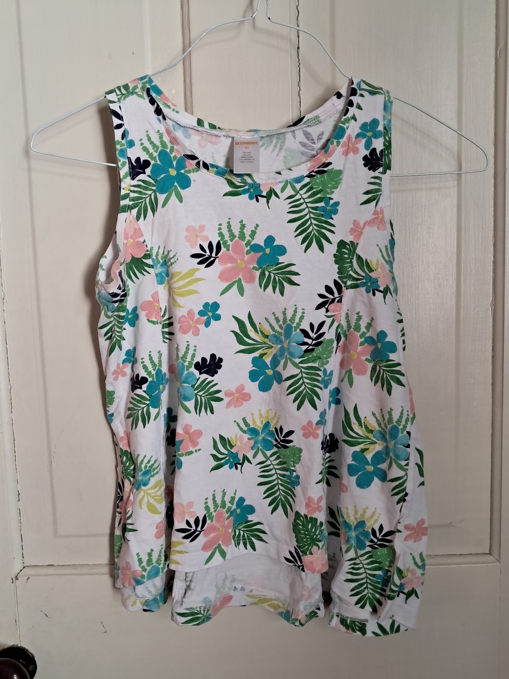 Gymboree White Tank Top with Teal, Pink & Green Floral Print